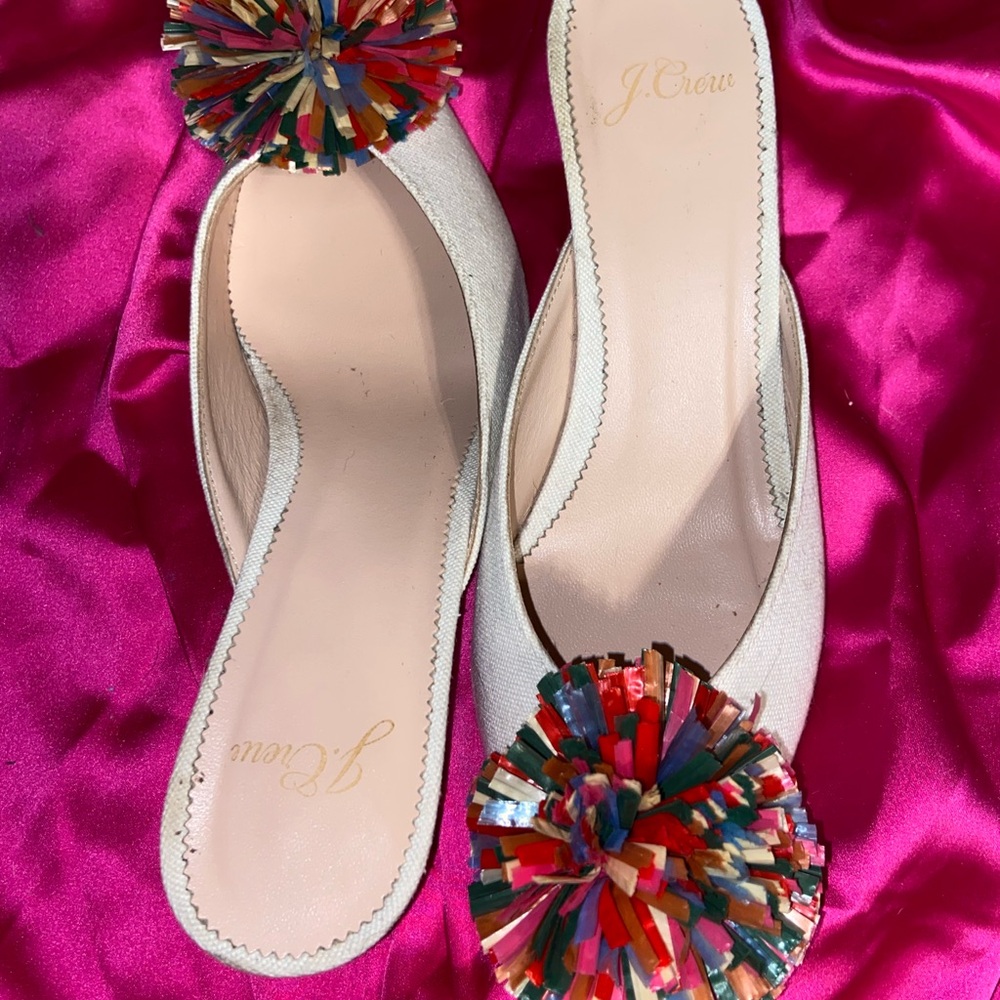 J. Crew Cream Flats with Colorful Pom-Poms
